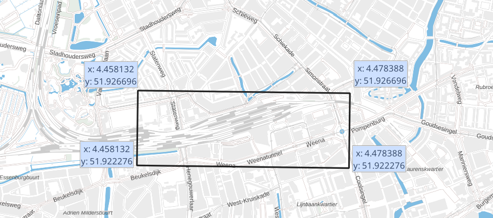 een bounding box op een kaart met coördinaten