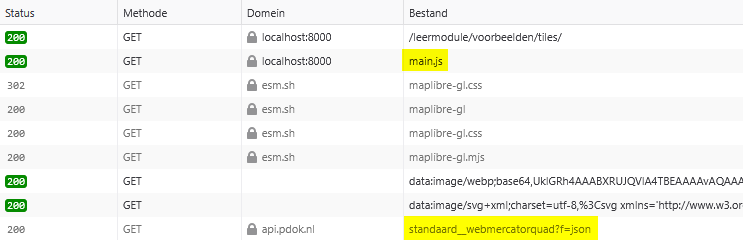 Bestanden die worden ingeladen: main.js en standaard__webmercatorquad?f=json